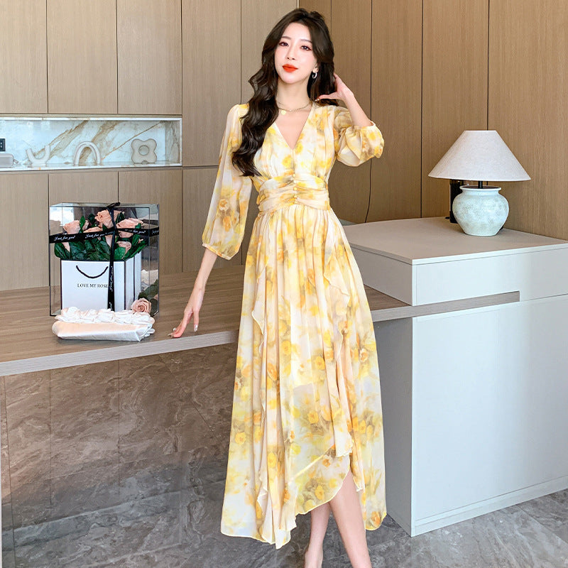 High-End Fashionable Yellow Chiffon A-Line Dress for Women
