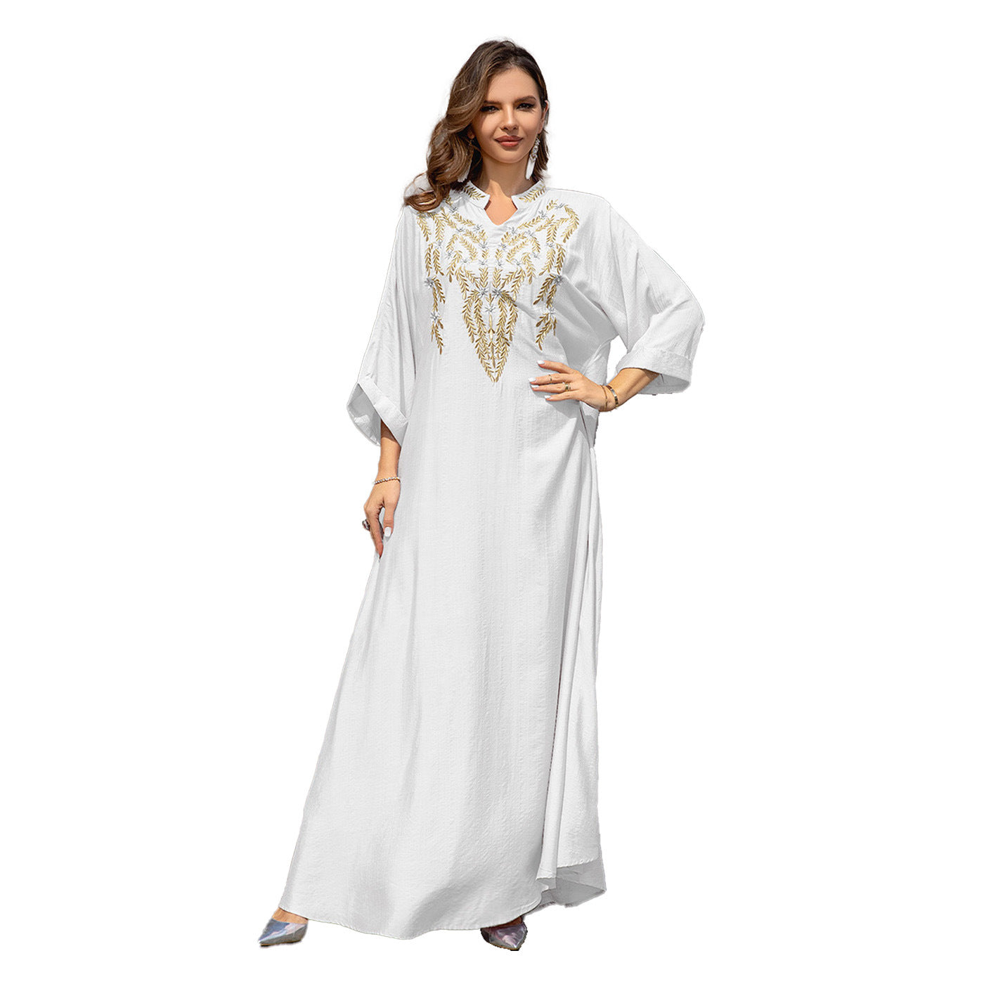 Robe longue brodée rose et blanc pour femmes musulmanes, tailles M-XXL