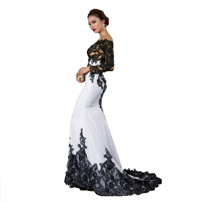 Embroidered Lace Maxi Dress With Fishtail Slim Fit