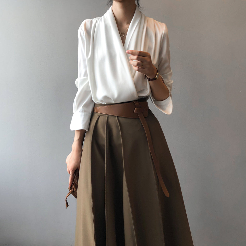 Women's Elegant White Satin V-Neck Long Sleeve Shirt