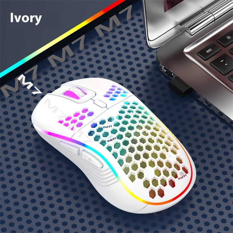 ماوس ألعاب لاسلكي خفيف الوزن مجوف ومضيء أسود أبيض USB