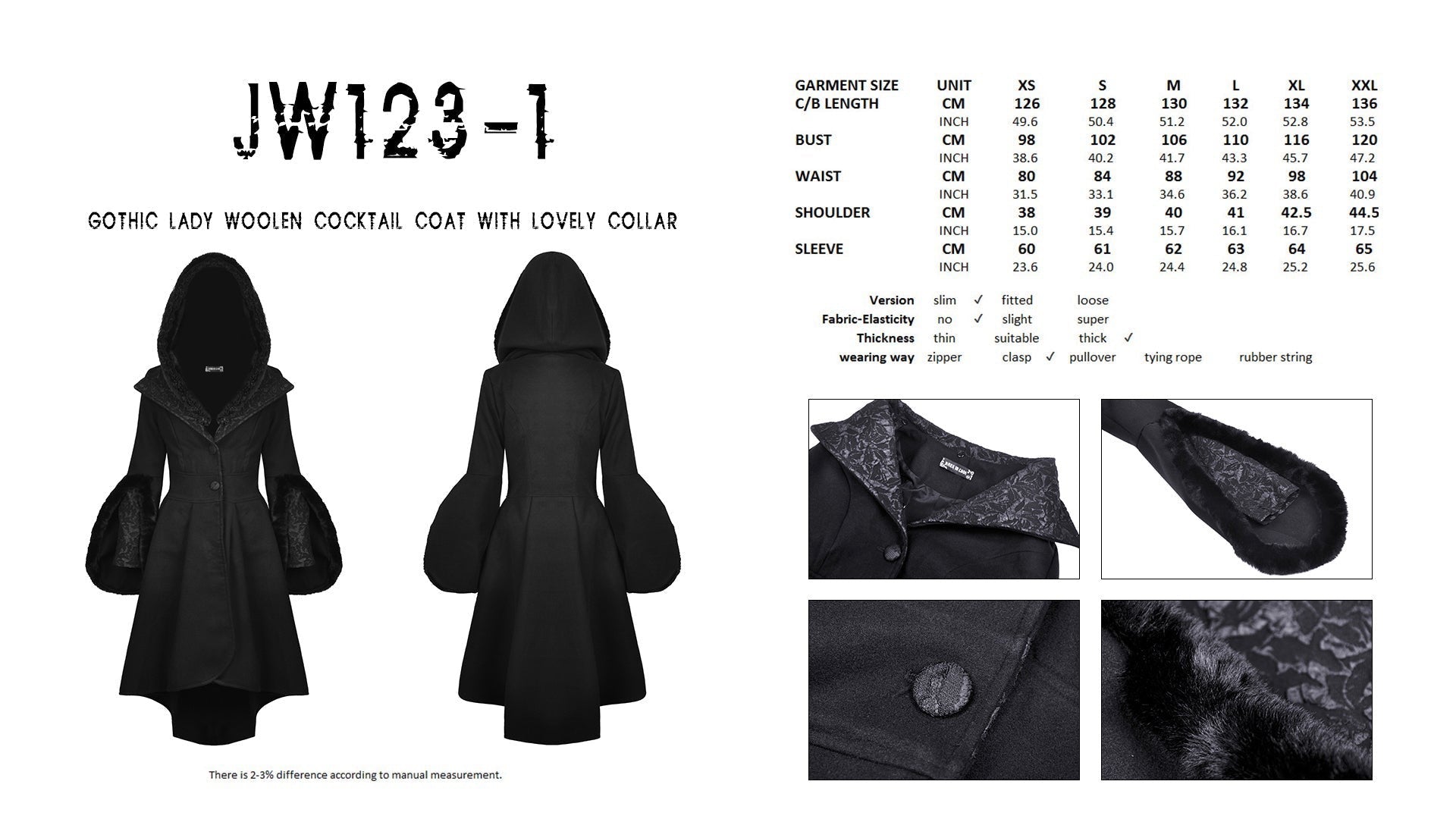 Versatile Wool Stand Collar Coat in Black, Sizes XS-2XL