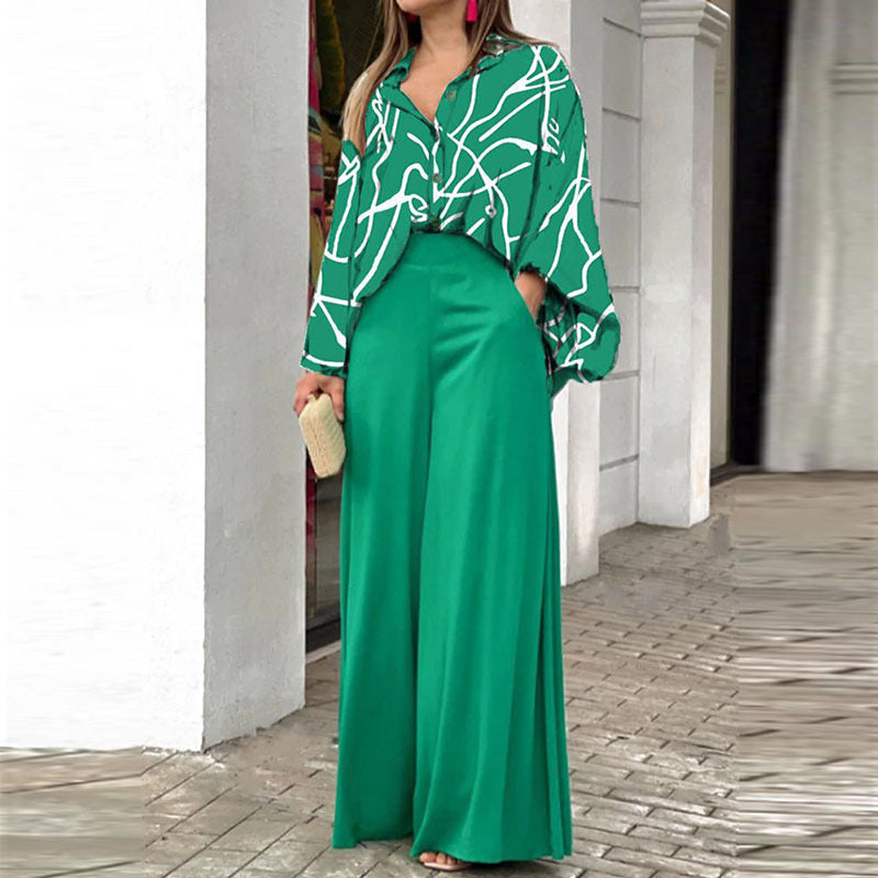 Loose And Elegant Casual Printed Shirt Top Wide Leg Pants Fashion Suit