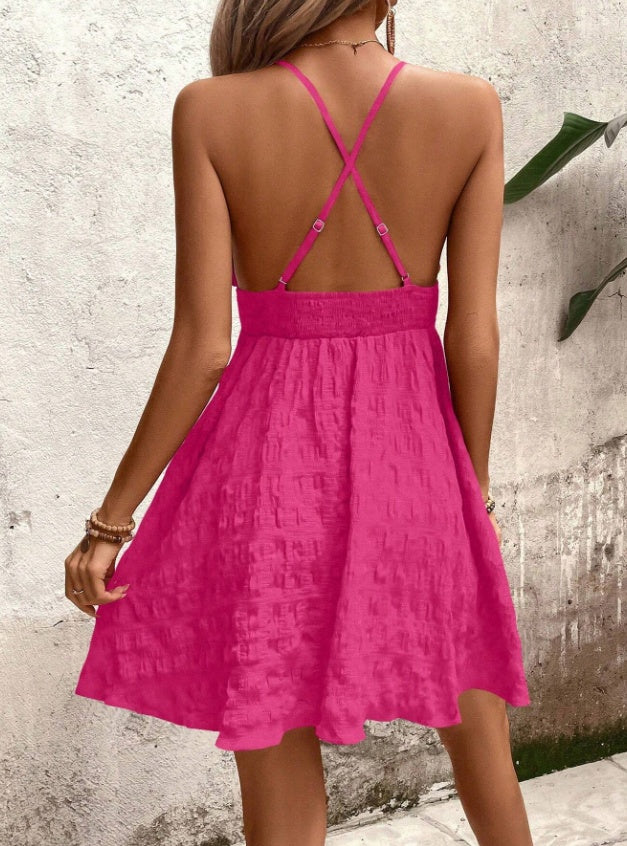 Robe d'été sans manches taille haute sexy pour femme en rose et noir