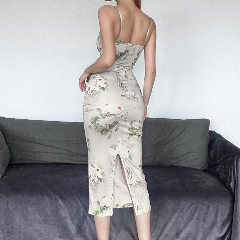 Summer Women's Green Lace Stitching Slim Dress with Floral Print
