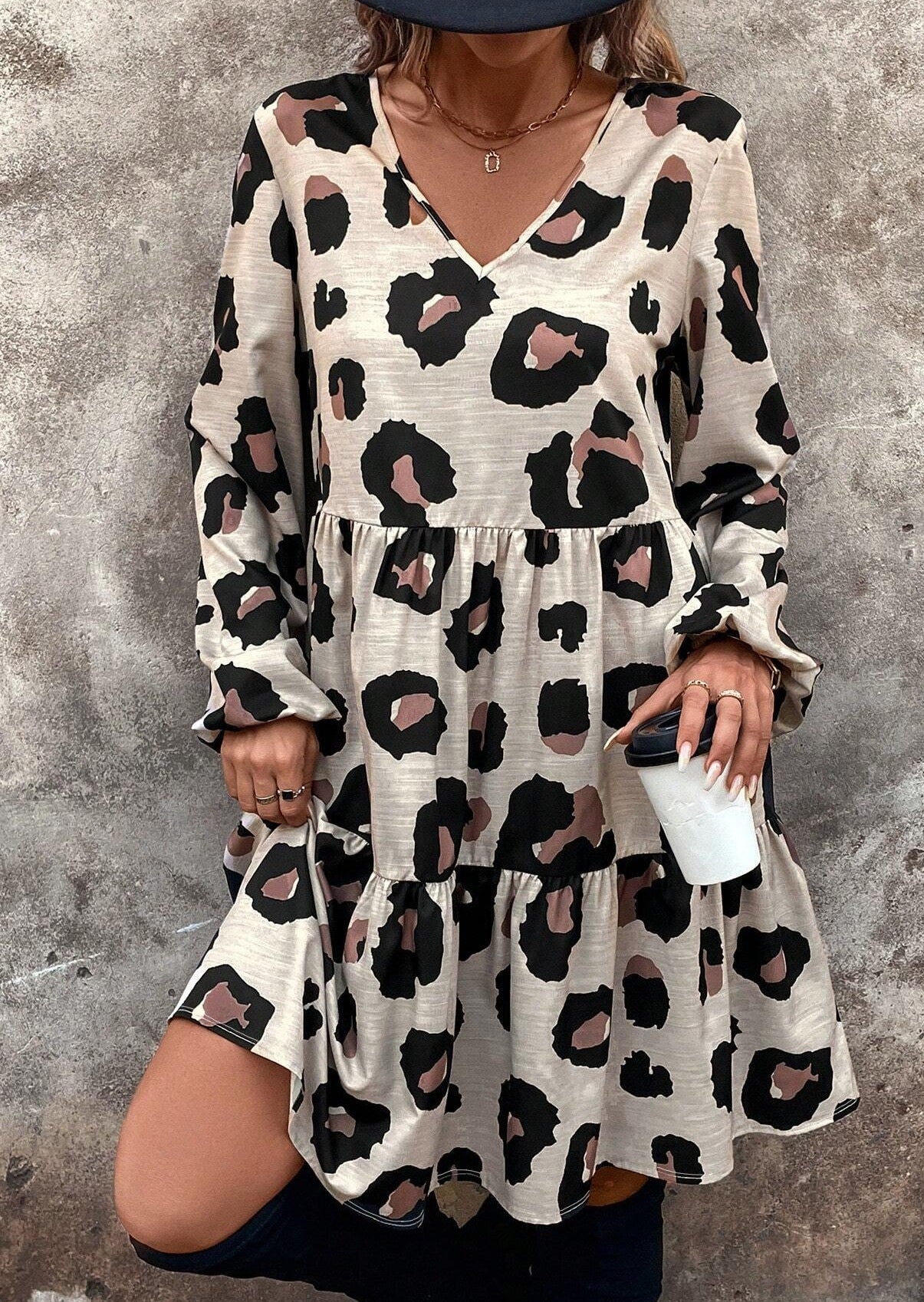 Leopard Print Long Sleeve Dress Women