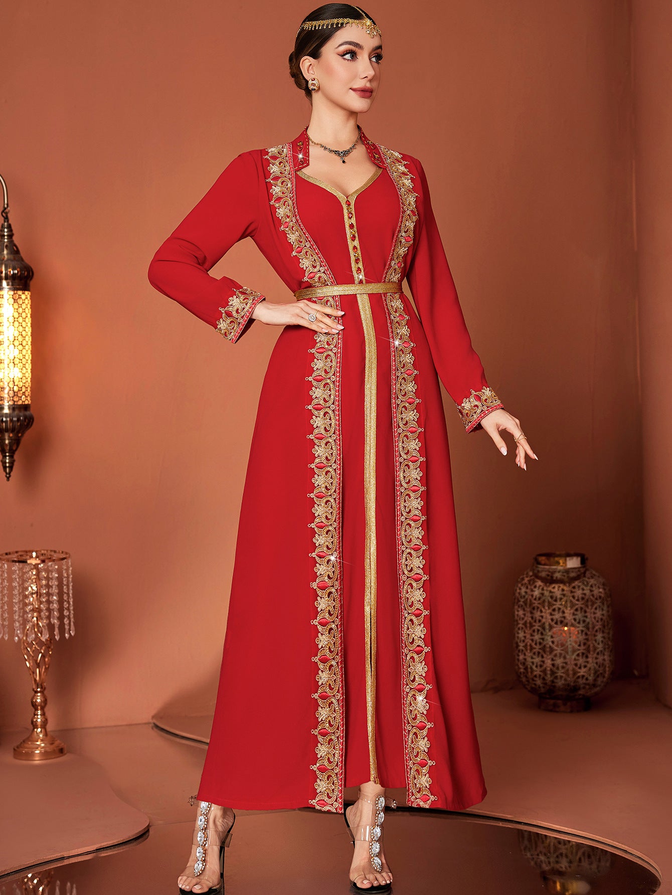 Arab Court Hongjin Embroidered V-neck Fake Two-piece Long Skirt