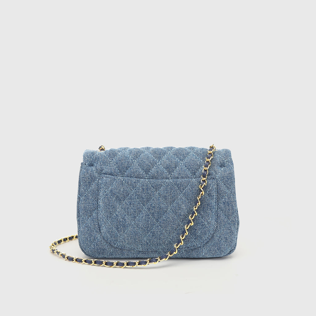 Blue Denim Small Square Chain Bag with Golden Ball Chain