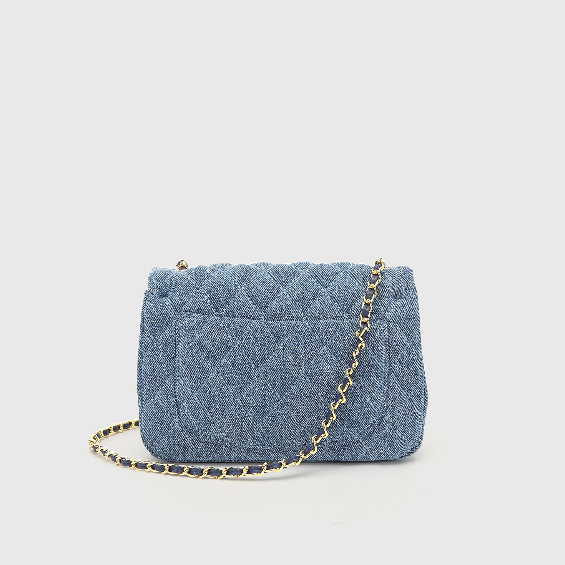 Blue Denim Small Square Chain Bag with Golden Ball Chain