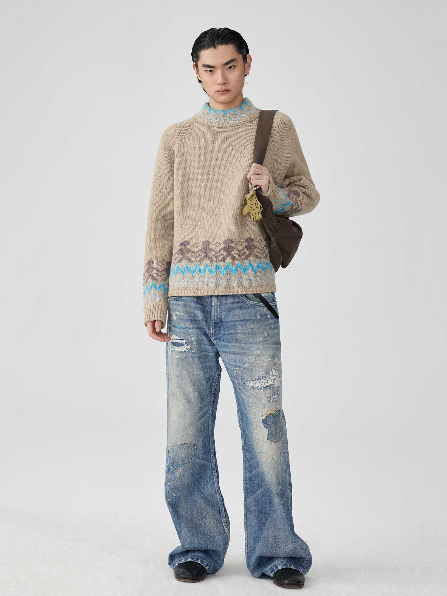 Washed Blue Mid Waist Flared Denim Jeans with Patch & Wire-Track