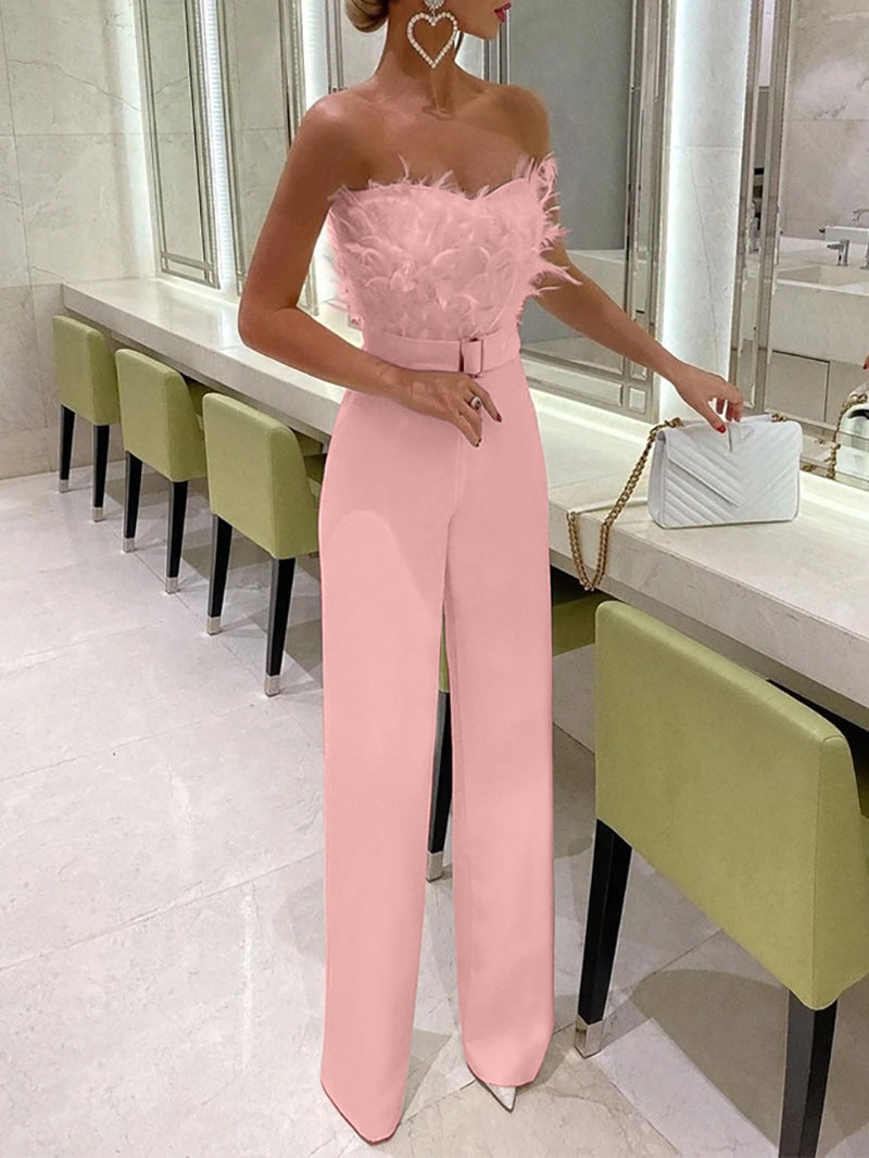 Feather Tube Top Jumpsuit High Waist Polyester