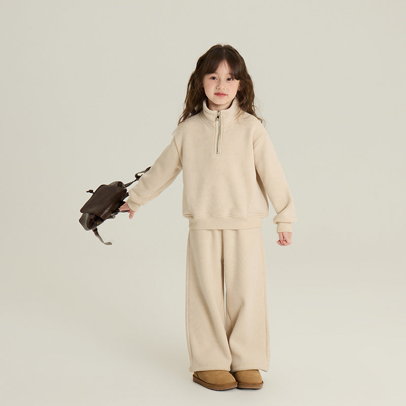 Children's Fleece-Lined Stand Collar Sweater & Straight-Leg Pants Set