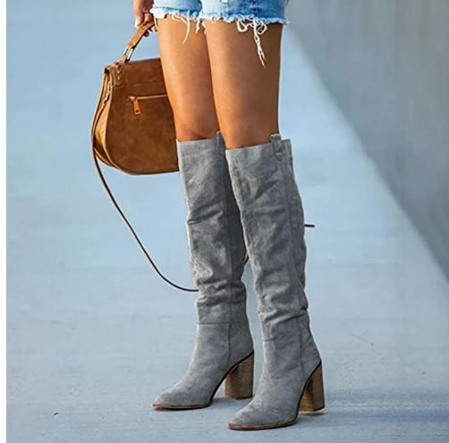 Women's Pointed Suede High Tube Boots with Thick Heel in Black, Gray & Brown