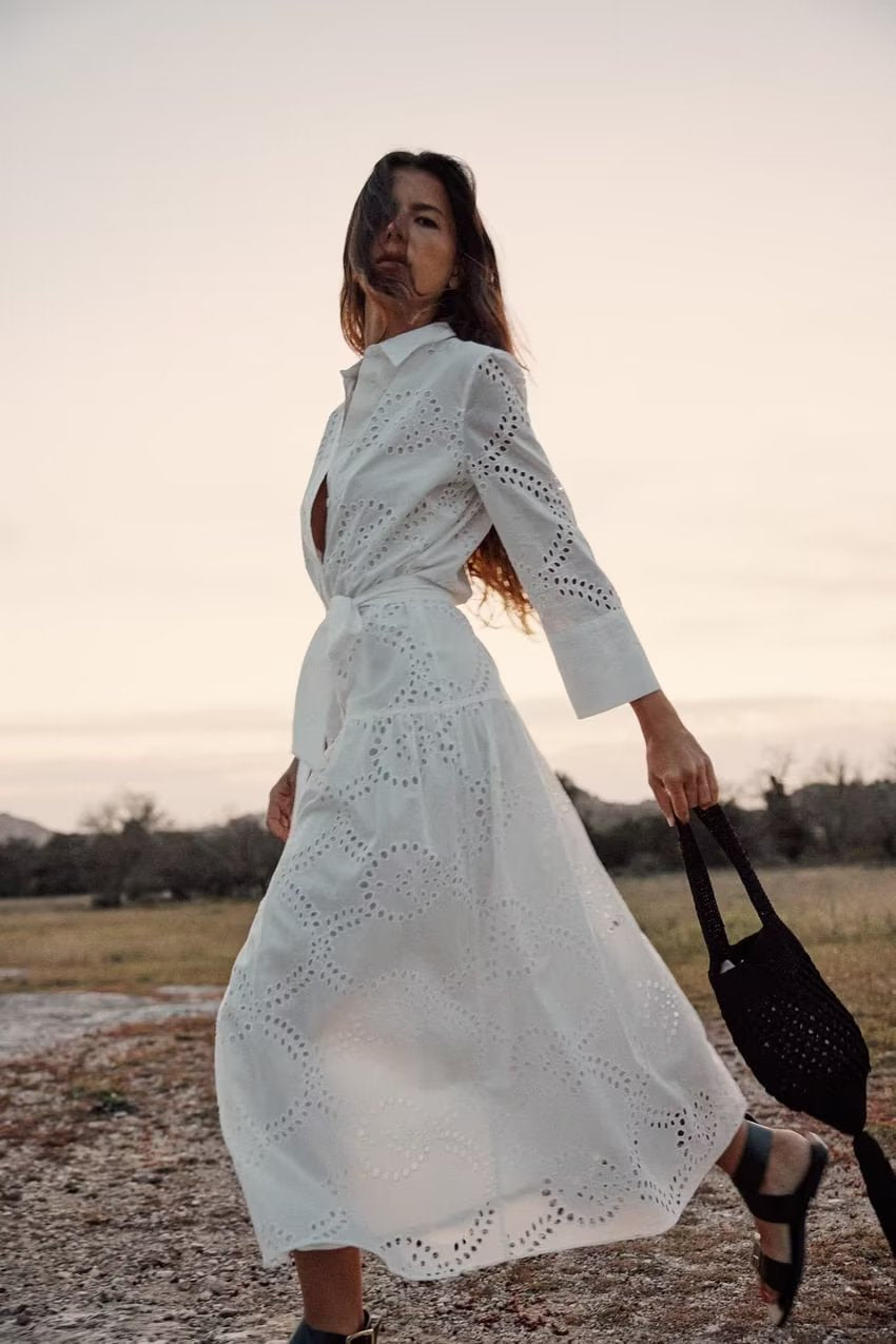 Robe élégante en coton blanc à manches longues, taille mi-haute, du XS au L pour femme