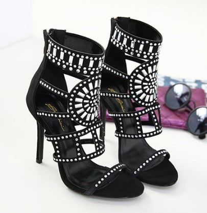 Rhinestone Suede High Heel Sandals with Back Zipper