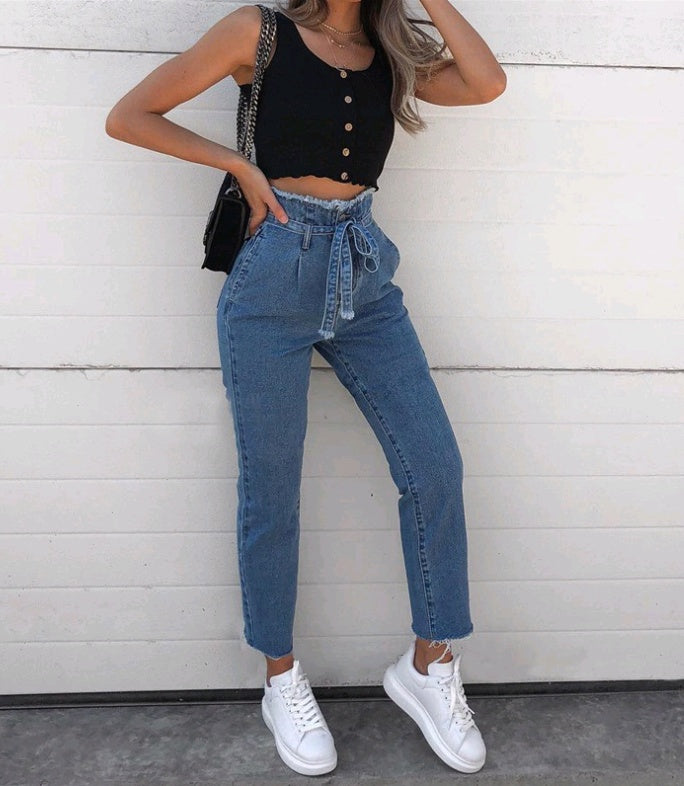 Pantalon crayon taille haute en jean foncé délavé grande taille pour femme