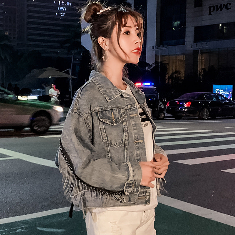 Printed beaded denim jacket