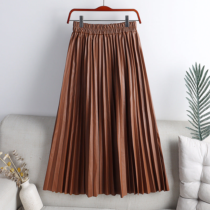 High Waist Mid-Length PU Leather Pleated Skirt for Women Solid Color