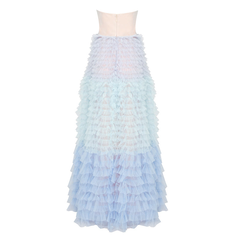 Light Blue Sleeveless Off-Neck Mesh Gradient Tube Dress