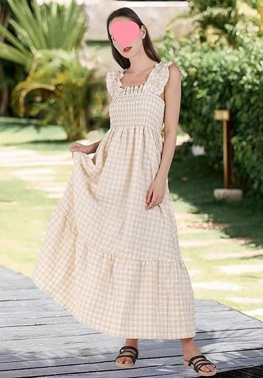 Robe de plage sans manches plissée à volants et motif à carreaux d'été pour femme