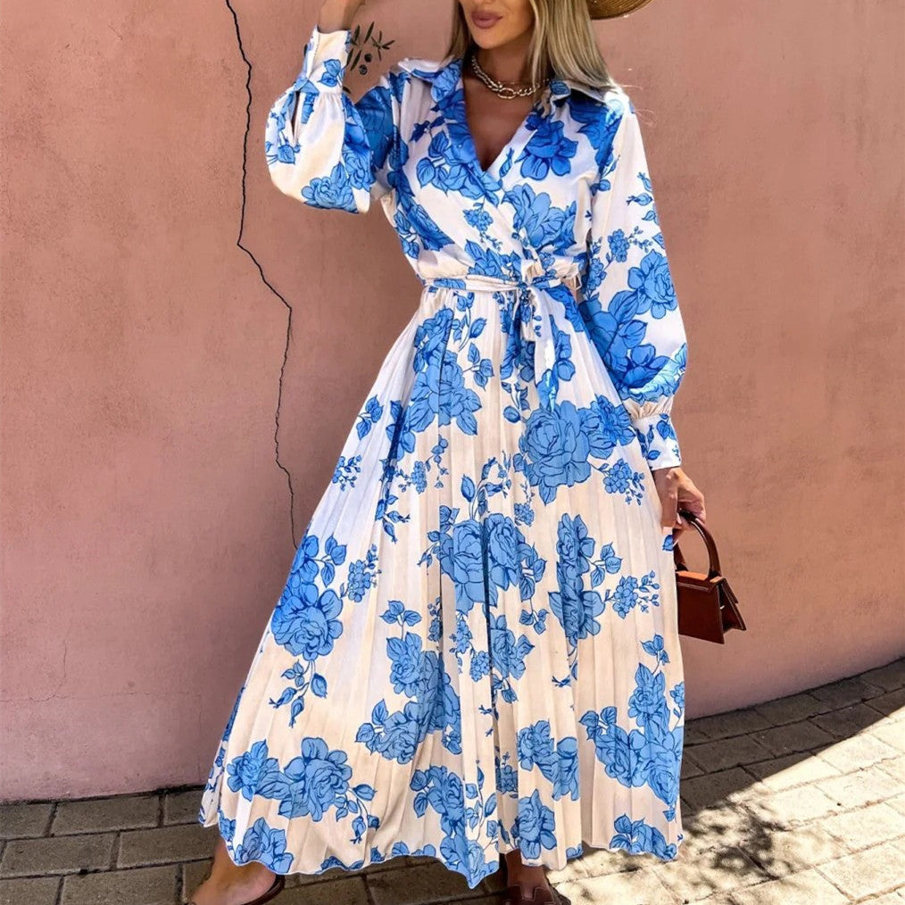 Women's V-Neck Pleated Waist Dress with Floral Print