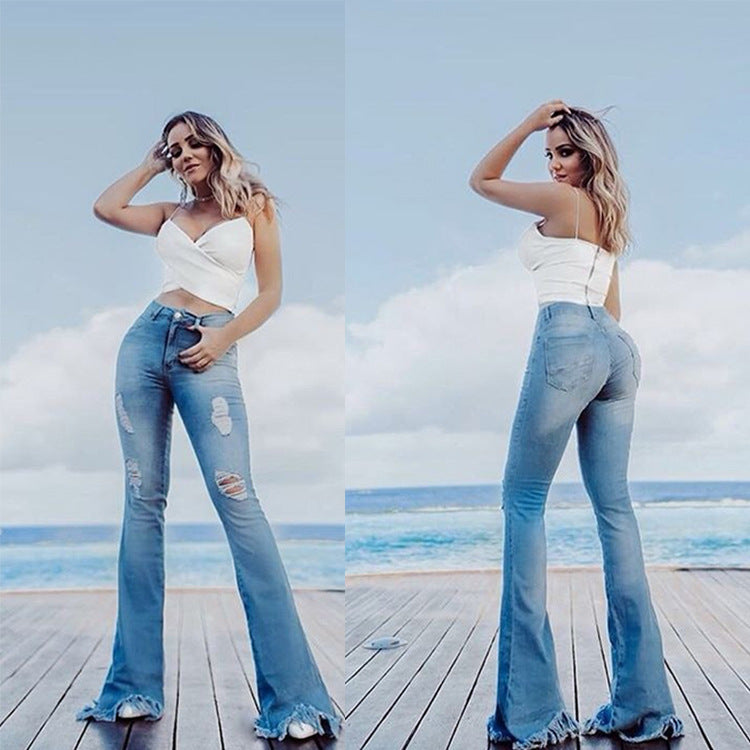 Wide-Leg Flared Jeans Polyester Slim Pants