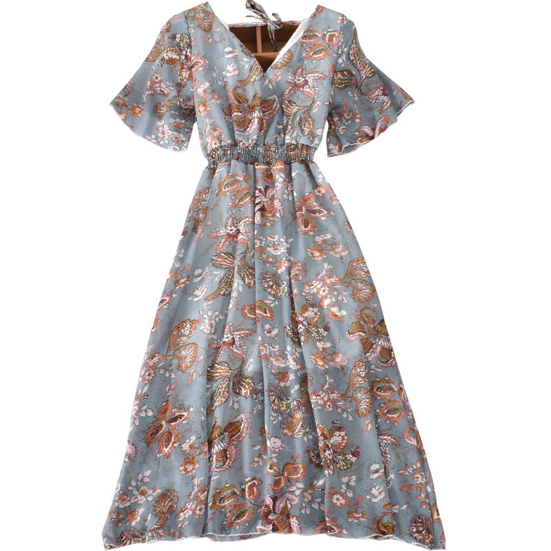 French V-neck dress short sleeve