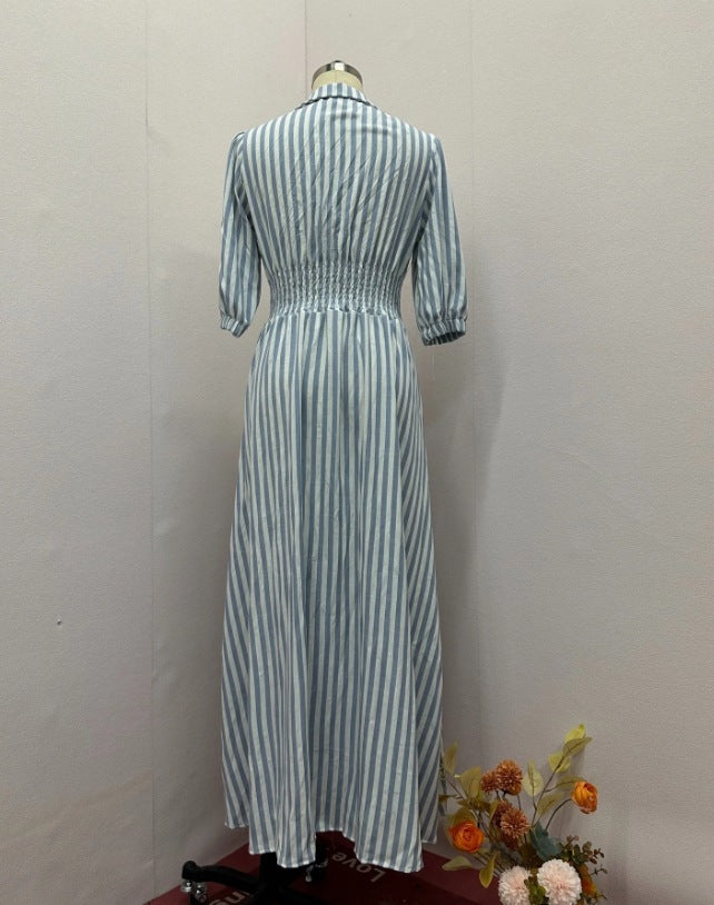 European And American Fashion Striped Printing Elegant Style Temperament Shirt Long Dress