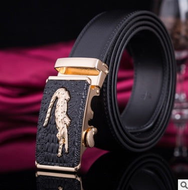 Men's Leather Automatic Buckle Belt 3.55CM Wide with Gold Buckle Head