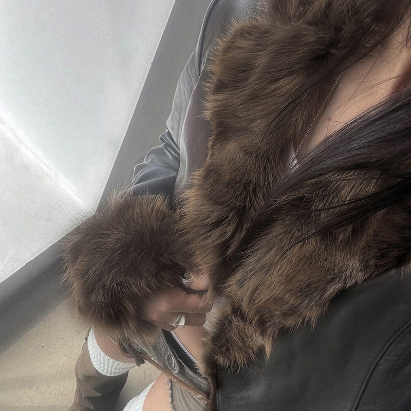 American Street Black Faux Fur Collar Leather Coat