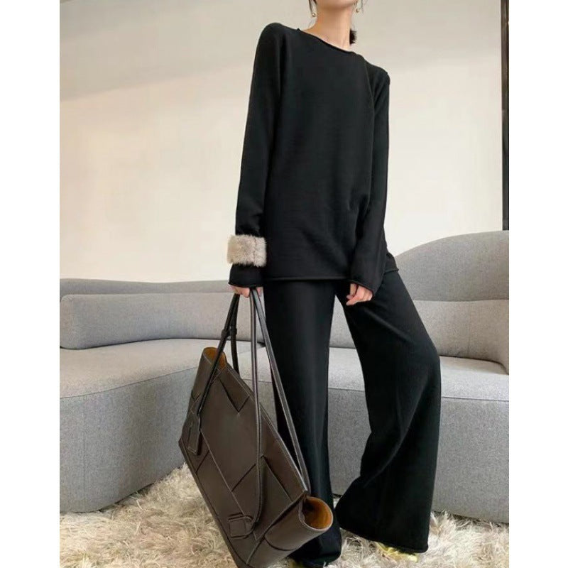 Ensemble deux pièces en maille de laine avec pull et pantalon large Noir, Marron, Beige
