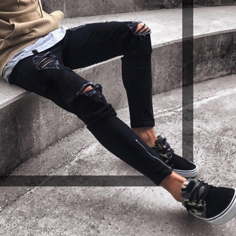 Men's Low Waist Pencil Pants Jeans Long Basic Broken Clothes