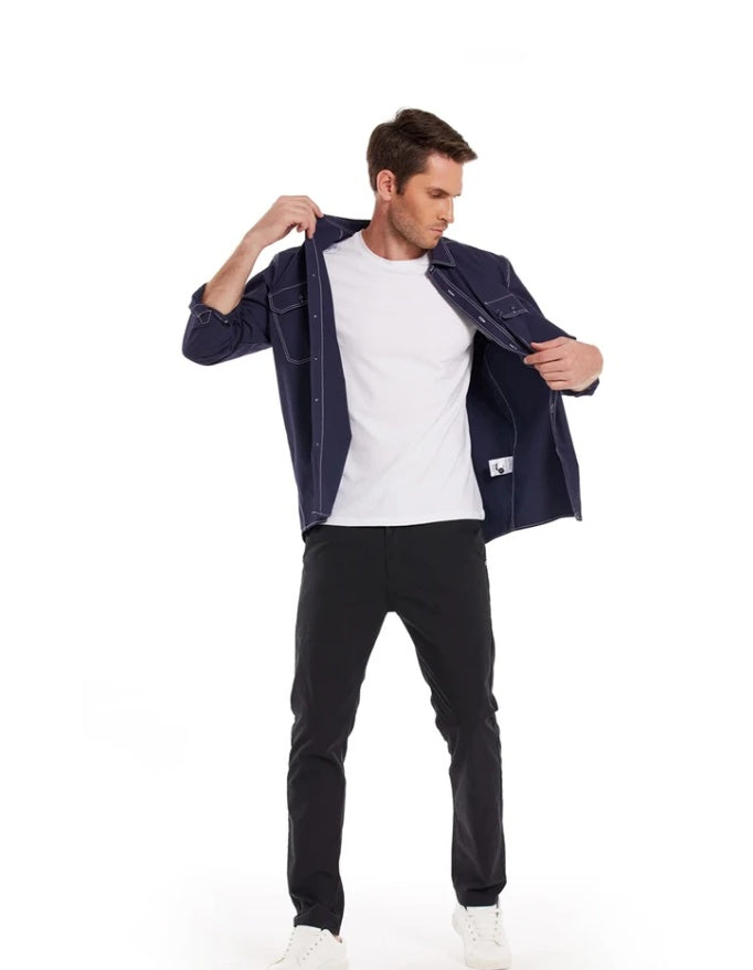 Chemise décontractée en lin à manches longues et col carré pour homme