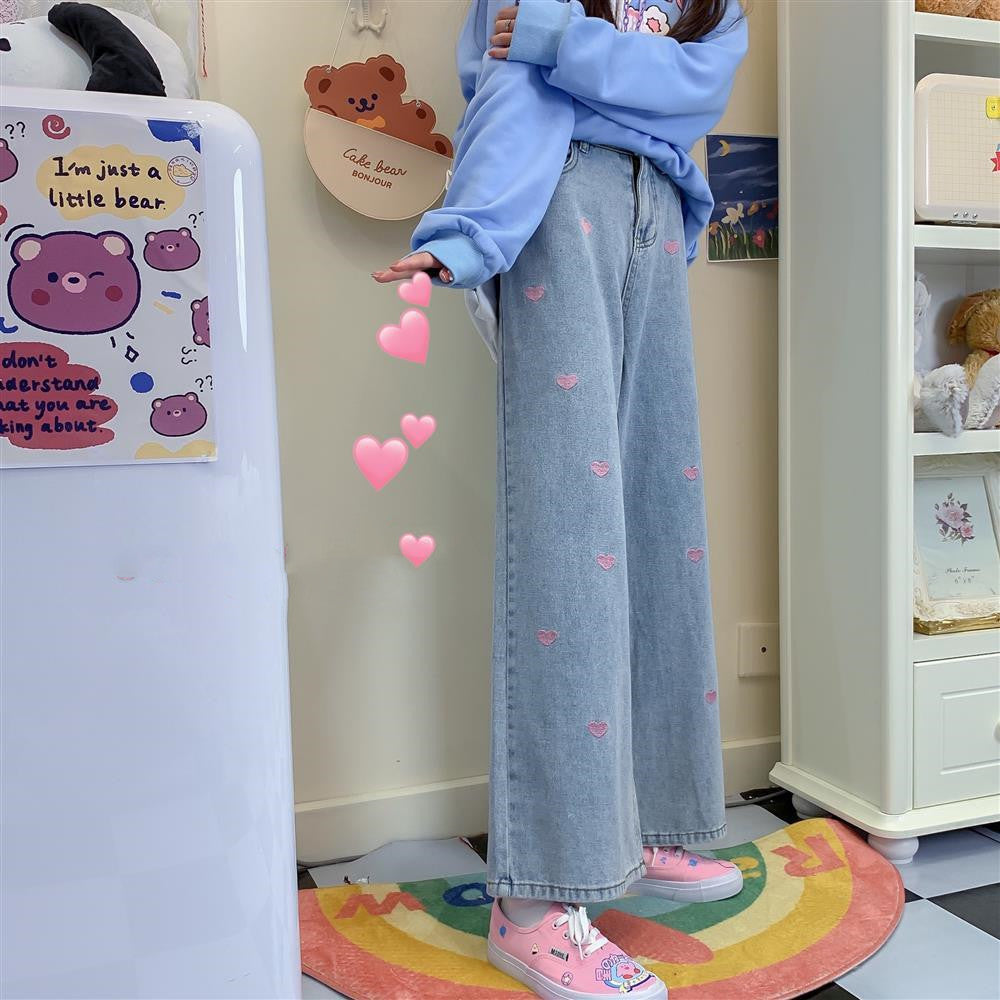 Jean Heart, pantalon droit large, taille haute, coupe ample. 