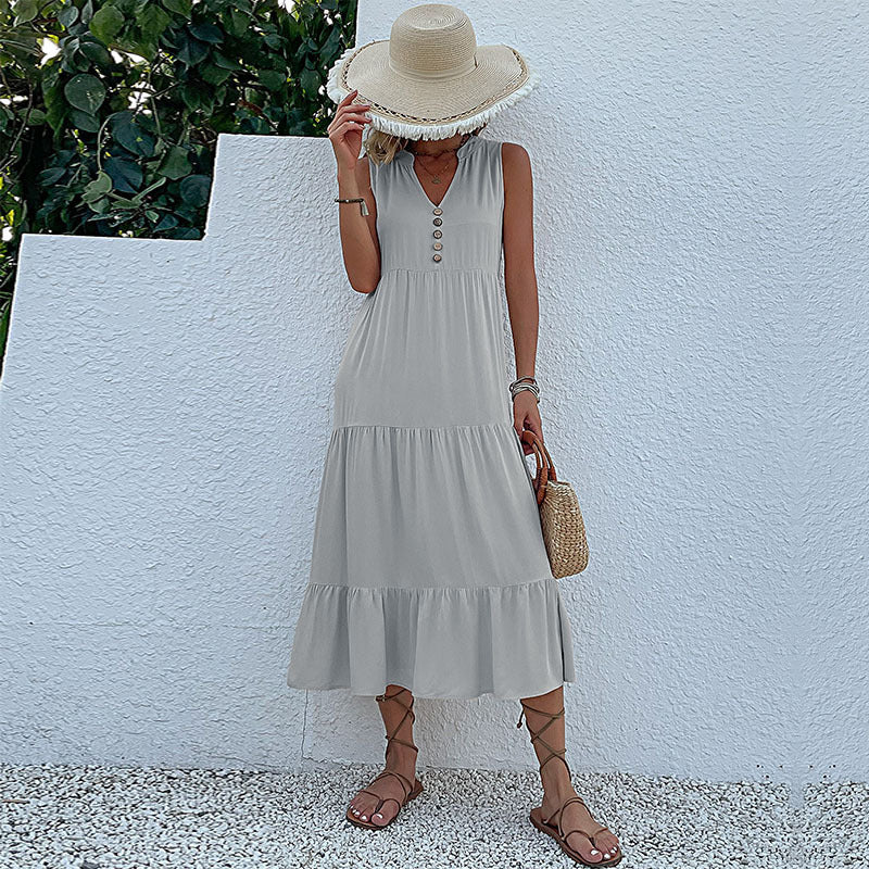 Sleeveless Loose Cotton Sundress Mid-Length Solid Colors