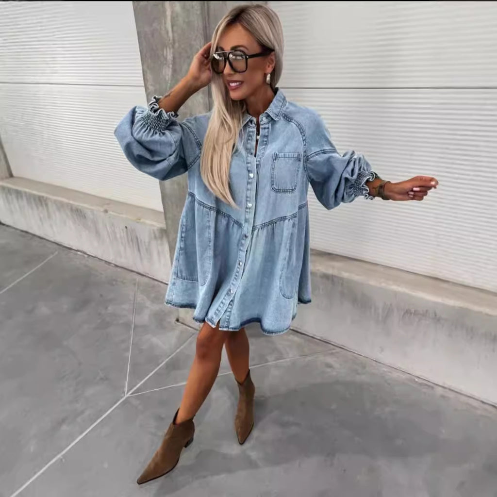 Robe boutonnée en jean à manches longues pour femmes, idéale pour le printemps et l'été