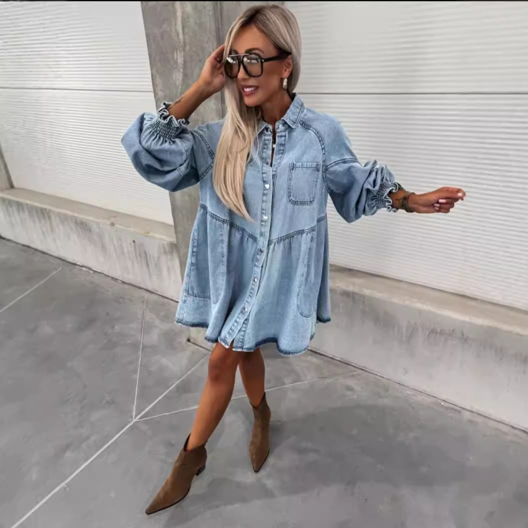 Robe boutonnée en jean à manches longues pour femmes, idéale pour le printemps et l'été