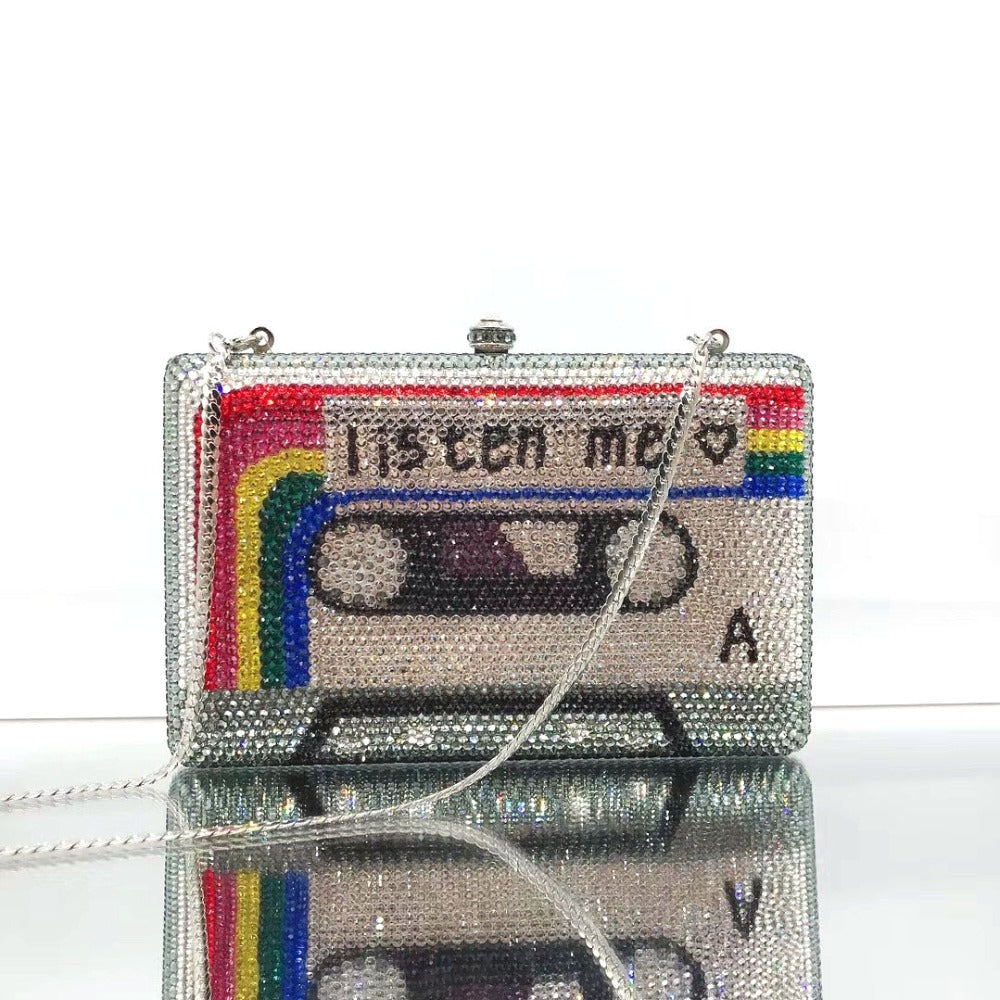 Cassette Tape Crystal Evening Clutch Bag with Chain 16.5cm