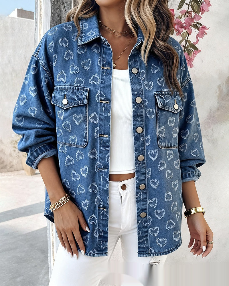 Veste en jean jacquard bleu cœur rétro femme, imprimé intégral