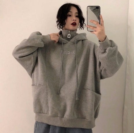 Sweat à capuche ample brodé femme automne hiver, pull chic doux en velours