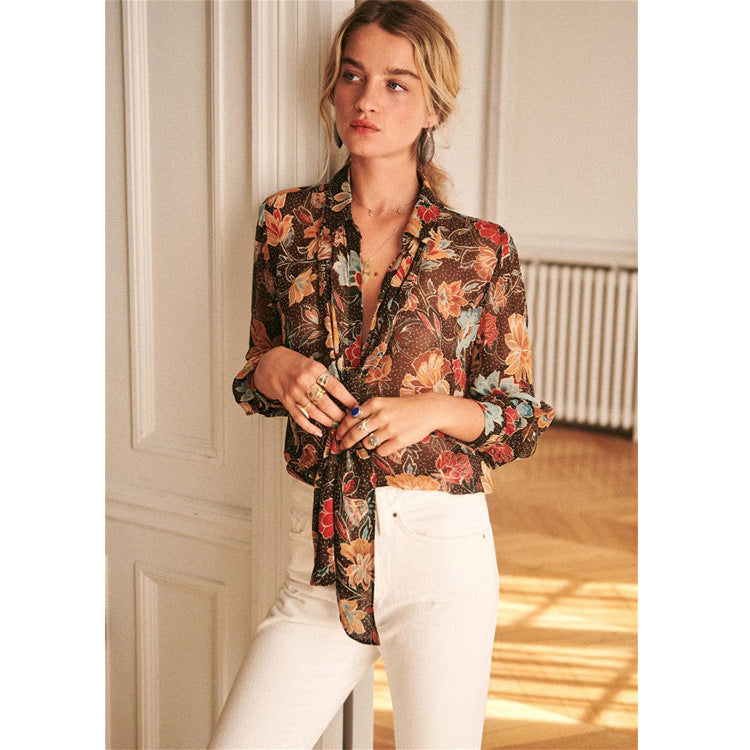 Cardigan à manches longues en rayonne à motif floral rétro français