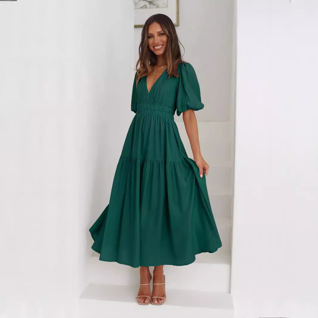 Deep V Puff Sleeve High Waist Flounced Dress for Women