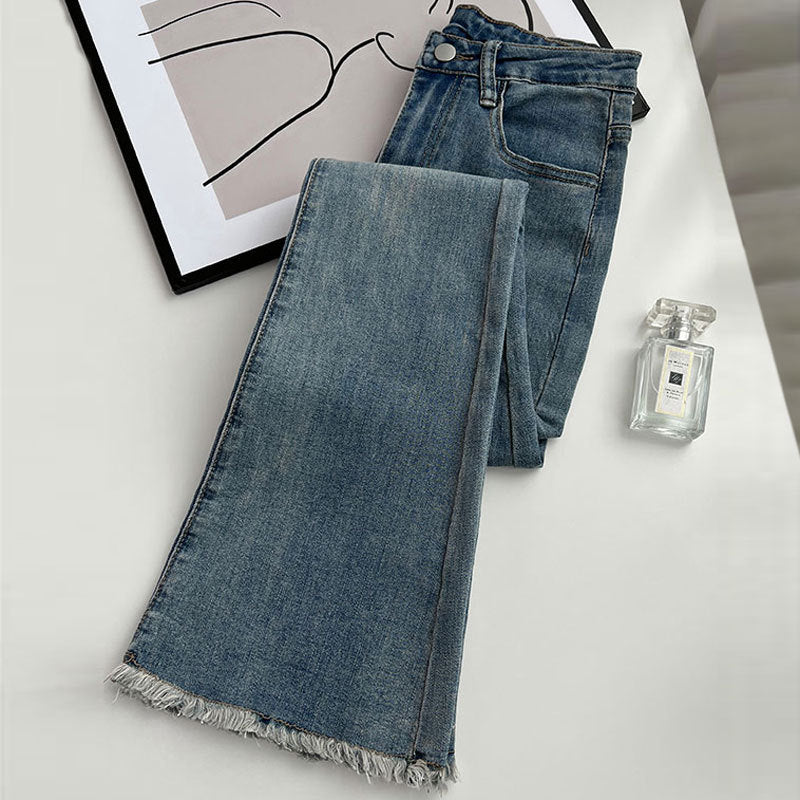 Jean skinny taille haute rétro personnalisé pour femme en bleu vintage, noir et gris