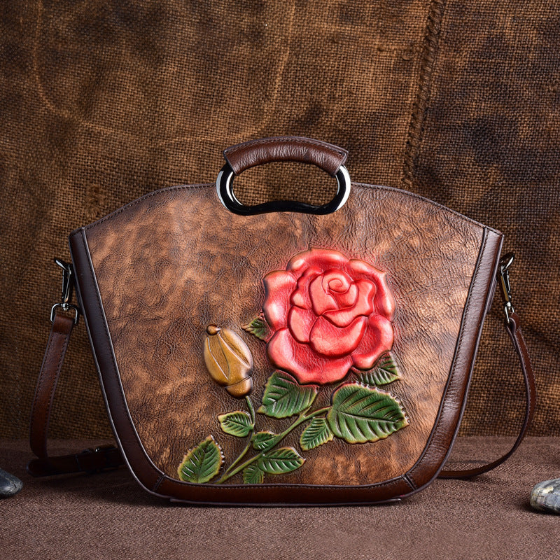 Retro Embossed Cowhide Messenger Handbag 35cm Zipper Closure