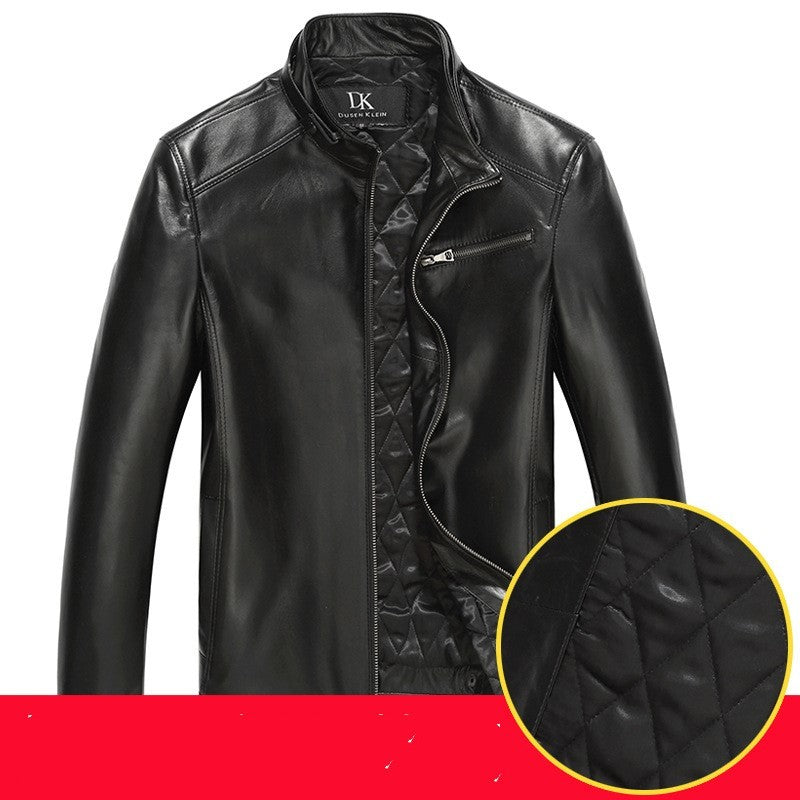 Men's Fit Sheepskin Leather Jacket with Stand-Up Collar and Zipper Closure