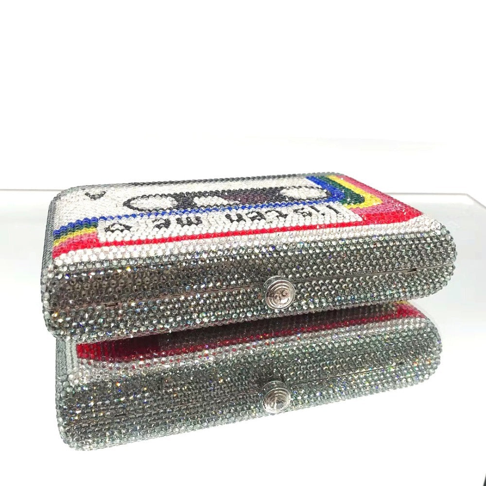 Cassette Tape Crystal Evening Clutch Bag with Chain 16.5cm