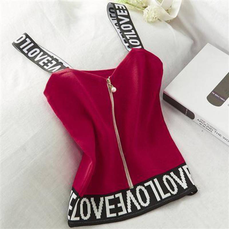 Short English Letter Knit Halter Pearl Zipper Small Vest