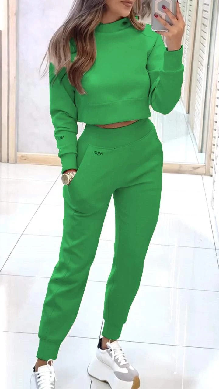 Stand Collar Pullover Long-Sleeve Top & Slim Trousers Set with Pockets