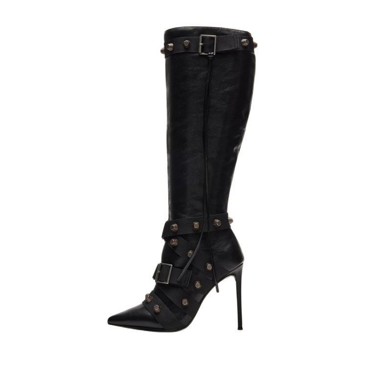 Metal Leather Pointed Stiletto Heel High Leg Boot with Rivets