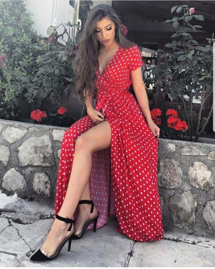V-Neck Low-Cut Polka Dot Dress